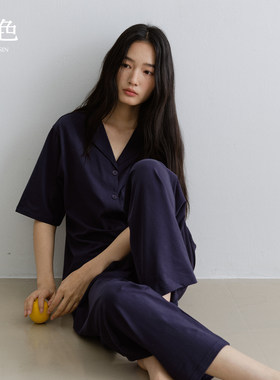 夏季纯棉短袖长裤睡衣套装翻领开衫抗菌透气女士宽松休闲家居服