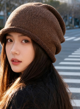 秋冬新款堆堆帽子女大头围显脸小毛线帽针织套头帽情侣春秋包头帽