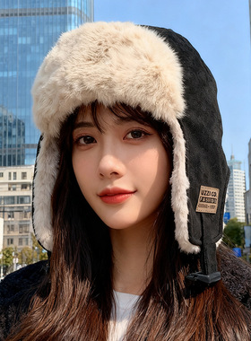 帽子女冬季新款户外骑行防风保暖护耳套头棉帽加绒加厚防寒雷锋帽