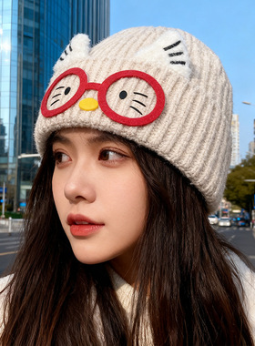 韩版小狗贴布破洞帽子女秋冬季加厚保暖毛线帽可爱针织护耳包头帽