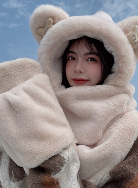 小熊帽子围巾一体女冬保暖可爱毛绒骑车三件套手套围脖冬季防风