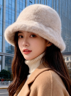 毛毛帽子女2025新款秋冬毛绒渔夫帽大头围韩系水桶帽显脸小盆帽男