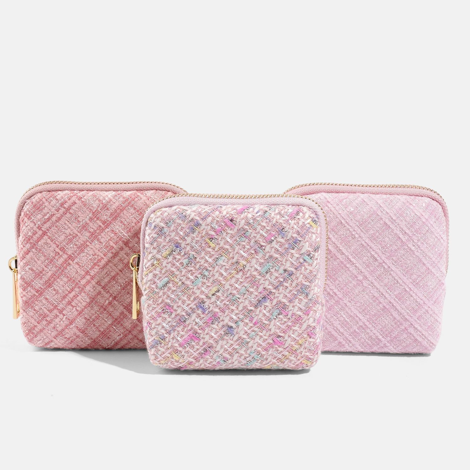 2025新款小众小香风编织纹理粉色首饰袋女士便携化妆包拉链收纳袋