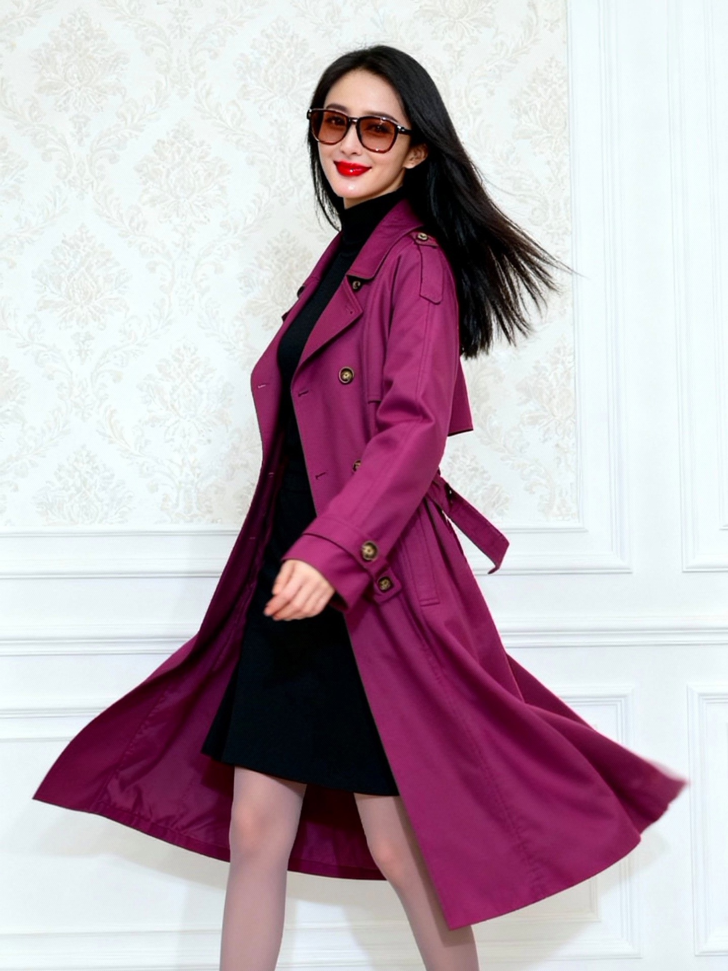 工厂现货新款玫红色洋气长款风衣御姐中长款风气质外套