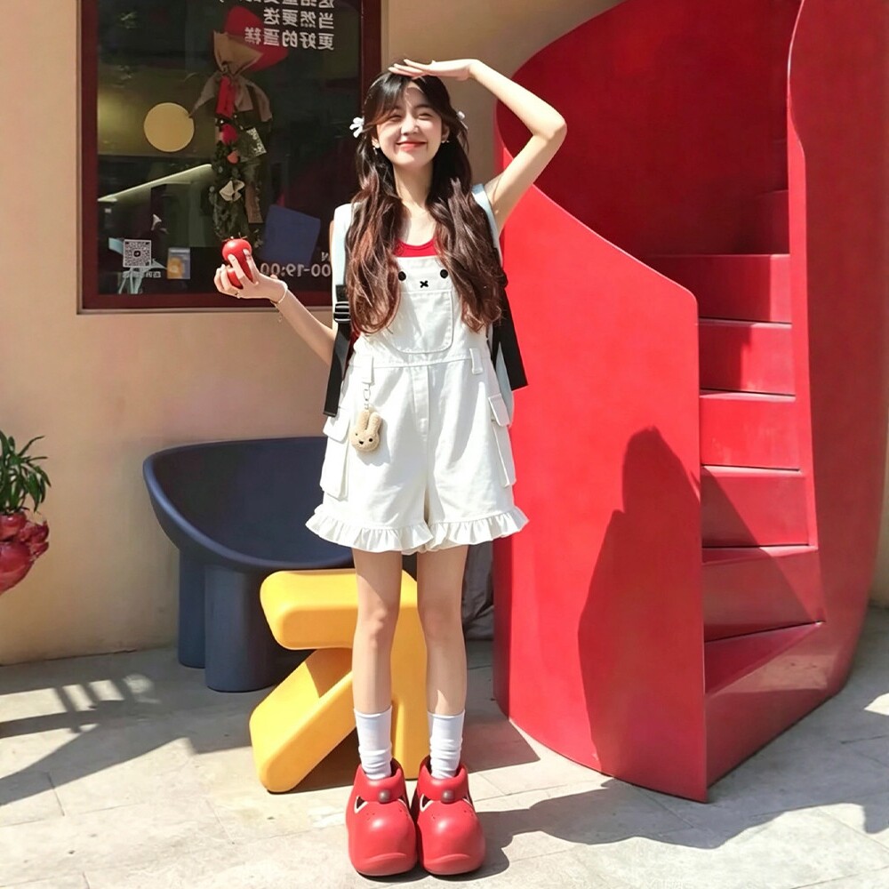 宅萌款花苞背带裤女夏季收腰宽松高腰显瘦休闲百搭牛仔连体短裤潮