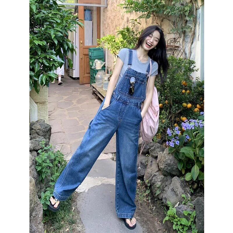 现货送运费险!蓝色牛仔背带裤女