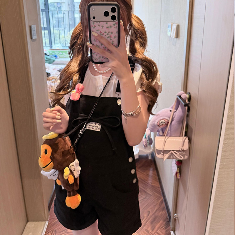 韩系甜酷蝴蝶结牛仔背带短裤女