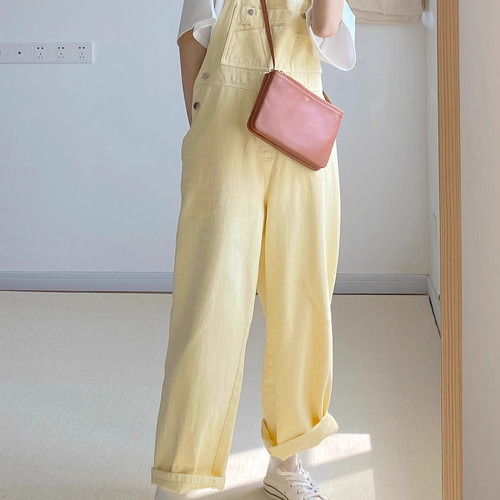 送运费险多巴胺黄色牛仔背带裤女