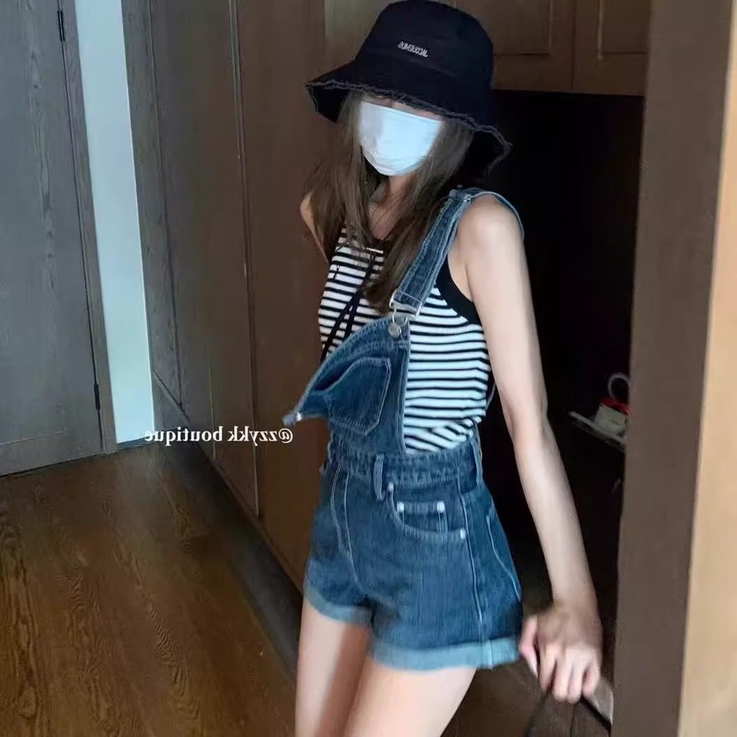 牛仔背带短裤女夏季高级感高腰