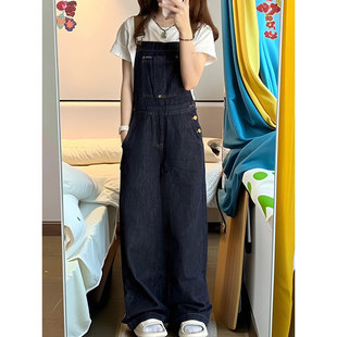 美式丹宁深蓝阔腿牛仔背带裤女春夏新款高腰宽松显瘦直筒连体长裤
