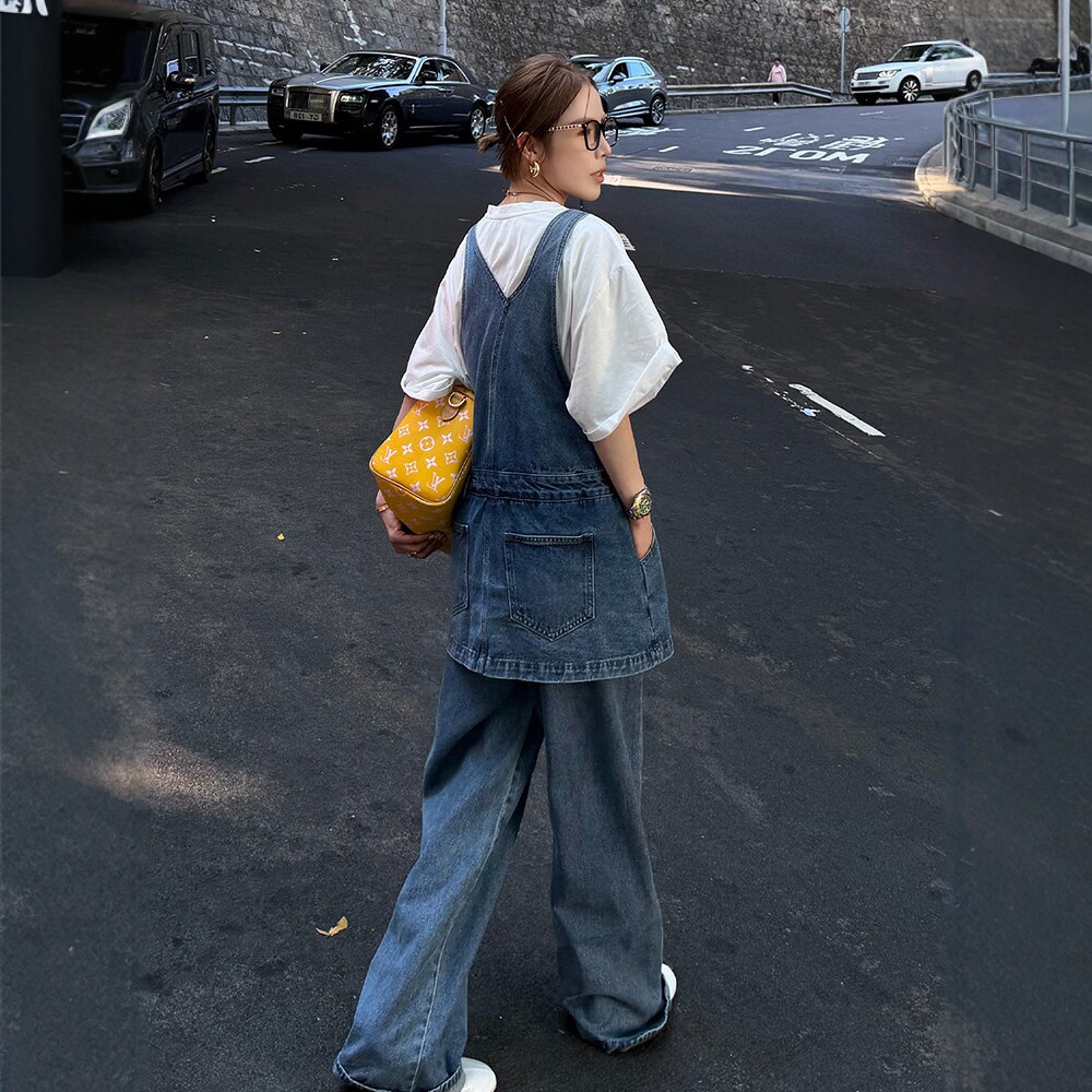 韩版复古假两件宽松气质显瘦休闲直筒牛仔吊带阔腿连体裤背带裤女