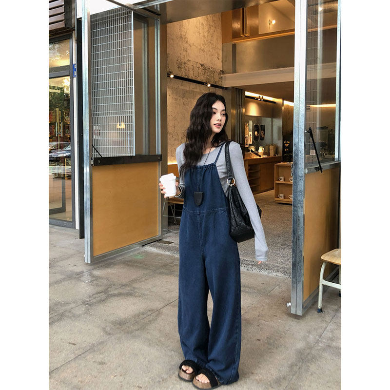 日系减龄牛仔背带裤女春秋季细肩带抽绳绑带宽松显瘦直筒连体长裤