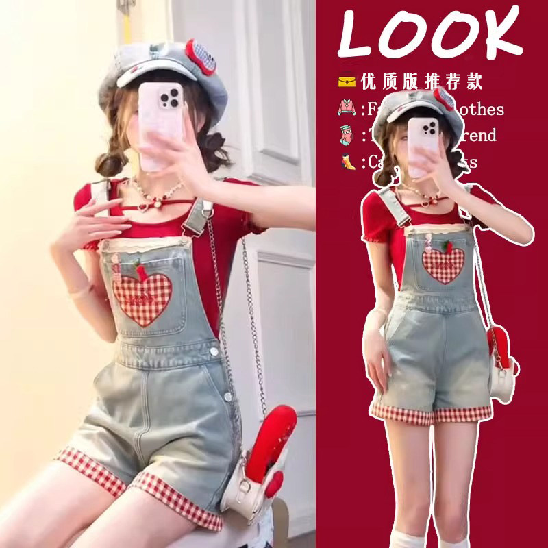 甜系高级感牛仔背带短裤女夏新款