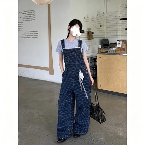撞色波点牛仔背带裤女显瘦阔腿