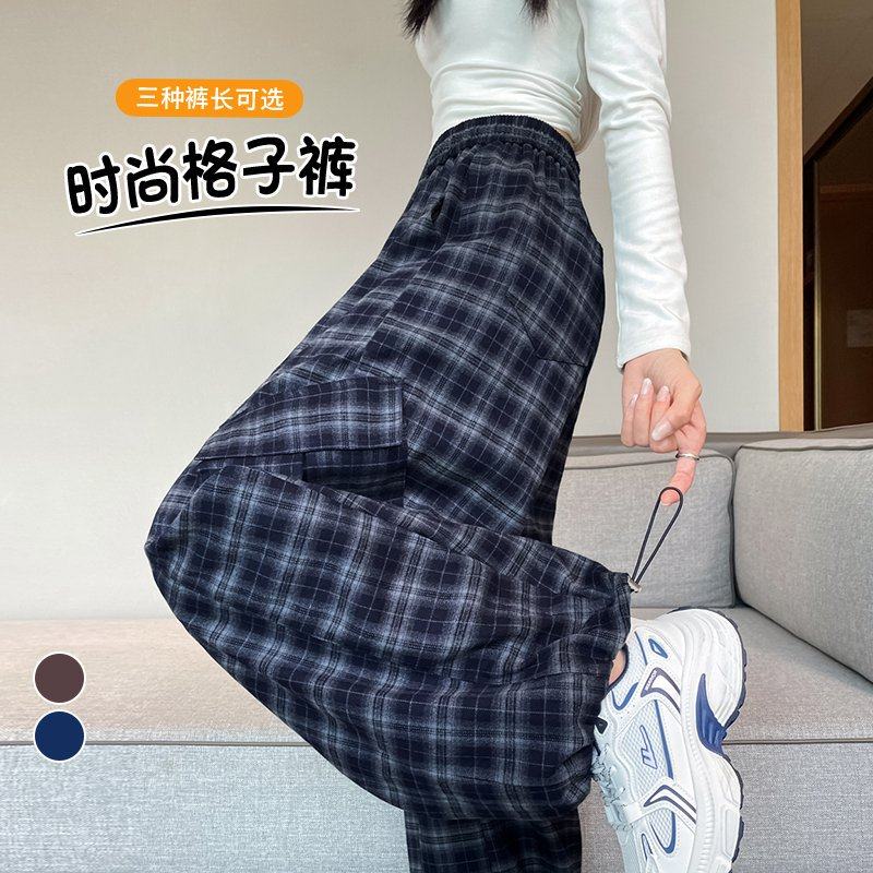 秋冬新款高腰格子工装裤女宽松显瘦加绒加厚束脚阔腿两穿休闲裤子