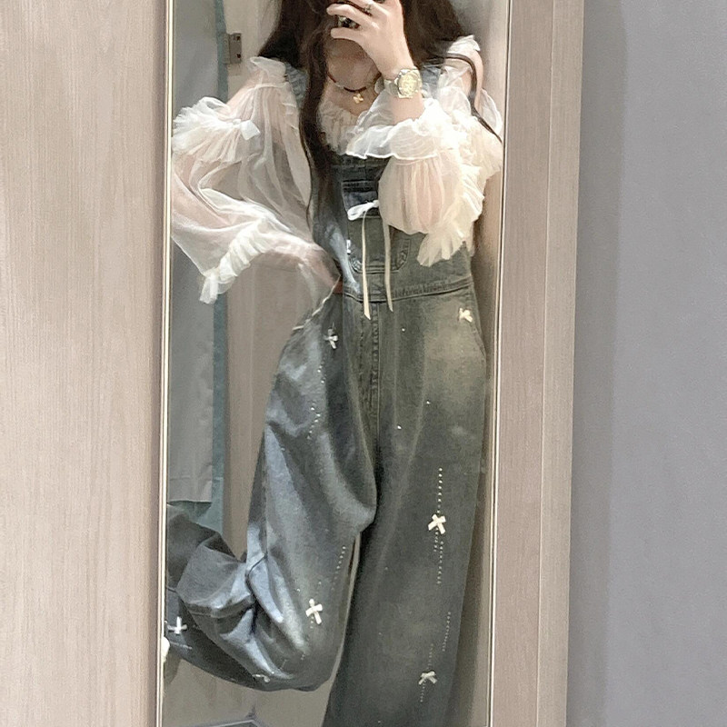 蝴蝶结烫钻水洗牛仔背带裤