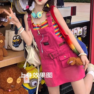 甜酷树莓粉色牛仔背带裙女夏韩系百搭可爱减龄工装多巴胺穿搭短裙
