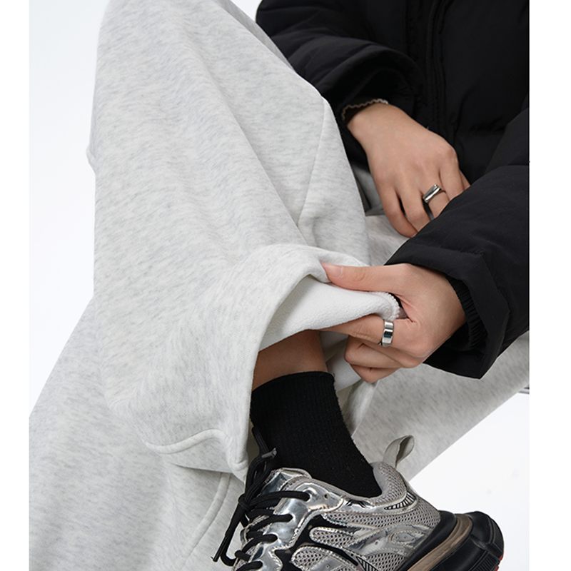 灰色加绒加厚高腰垂感宽松卫裤