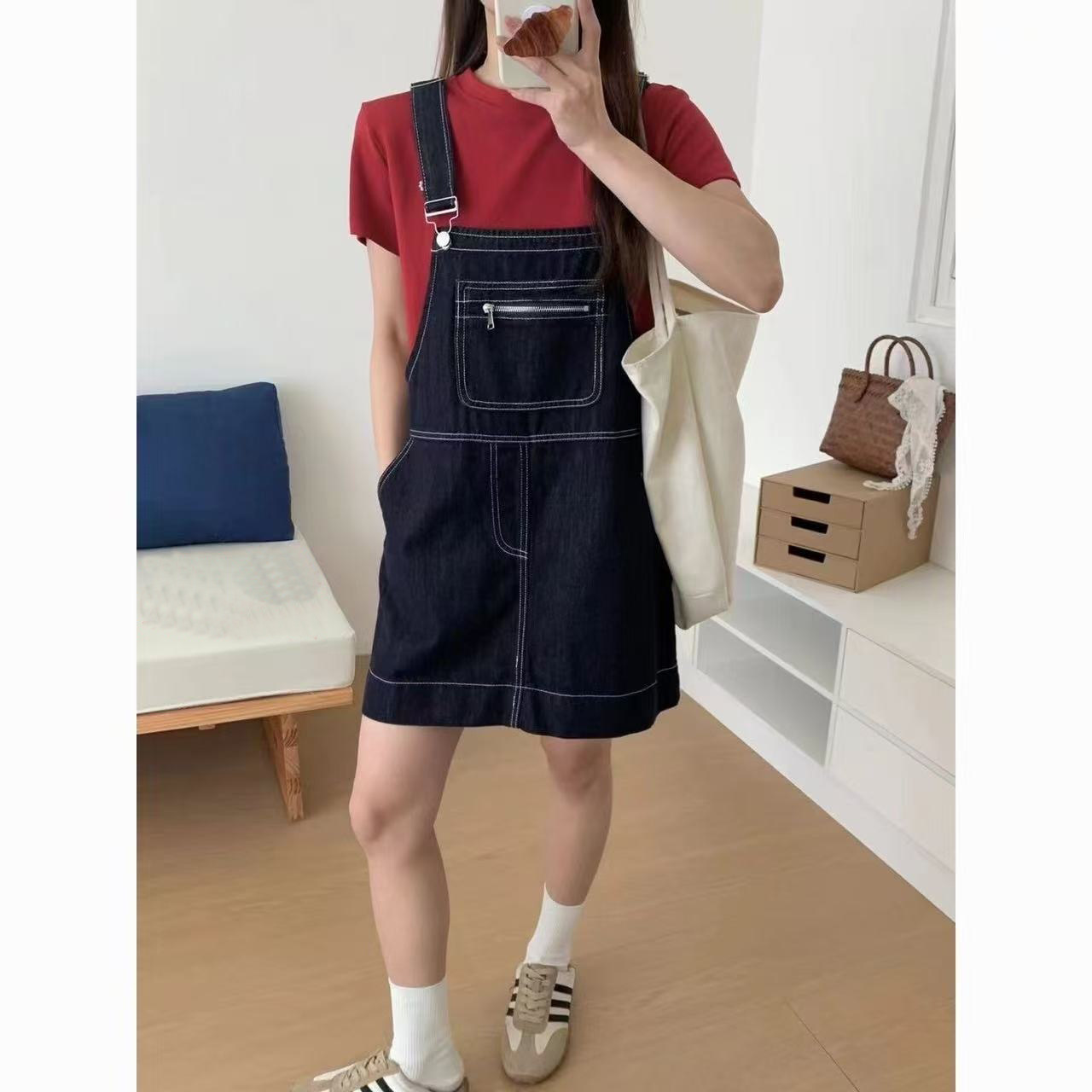 韩系小个子牛仔背带裙夏季减龄
