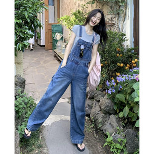美式风牛仔背带裤女2026春夏新款高腰宽松减龄阔腿直筒连体裤长裤