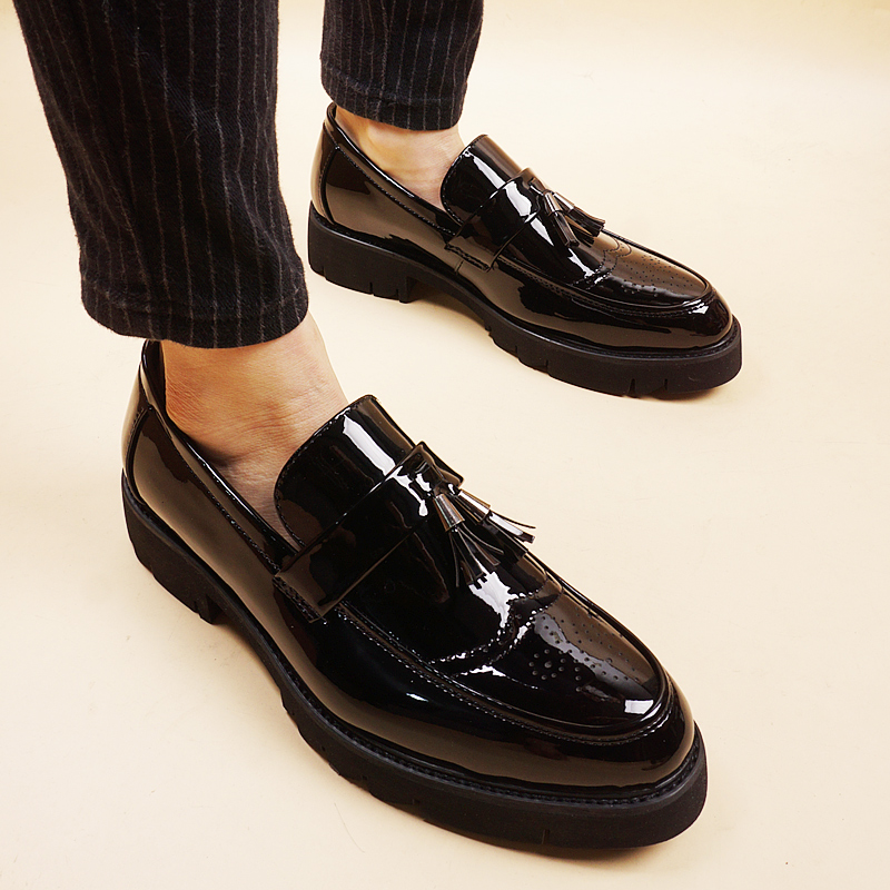 春夏季男士韩版尖头亮皮英伦皮鞋休闲商务内增高厚底潮流松糕鞋