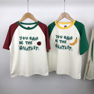 马其顿童装25款夏季男女童印花插肩袖圆领衫 儿童宽松撞色短袖T恤