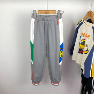 洋气男童马其顿秋季卫裤纯棉针织休闲裤撞色拼条印花儿童束脚裤子