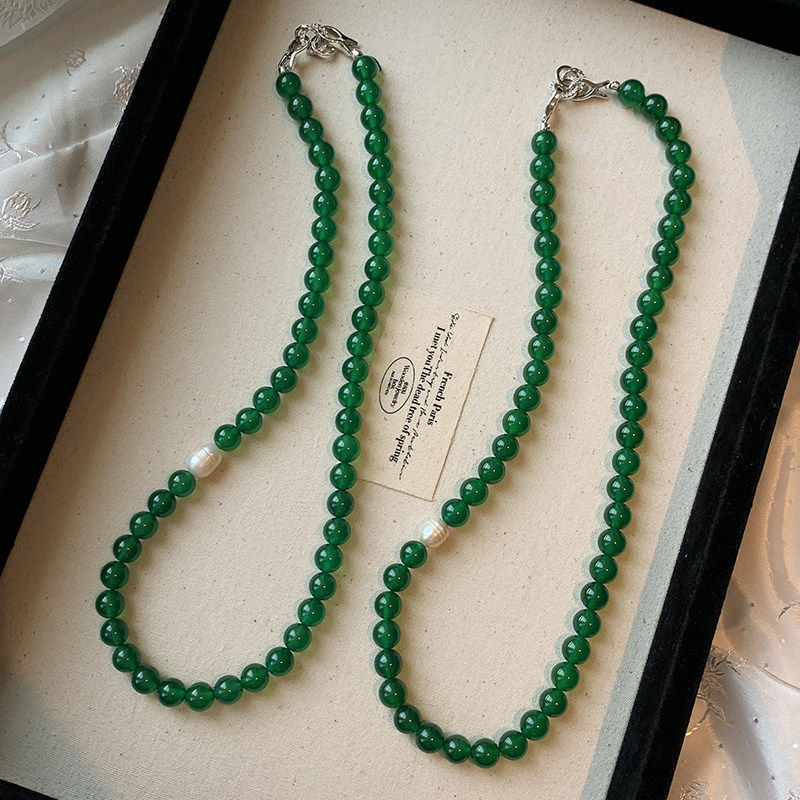 新中式天然绿色玛瑙玉髓珍珠项链女轻奢高级感气质长款锁骨毛衣链