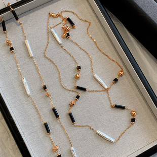 天然淡水巴洛克牙签珍珠项链女双层高级感长款秋冬夸张黑色毛衣链