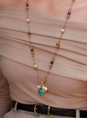 复古天然绿松石珍珠项链女