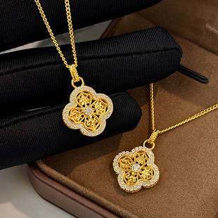 长款金色满钻四叶草项链女款高级感轻奢小众不掉色锁骨毛衣链配饰