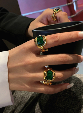祖母绿色宝石轻奢戒指女