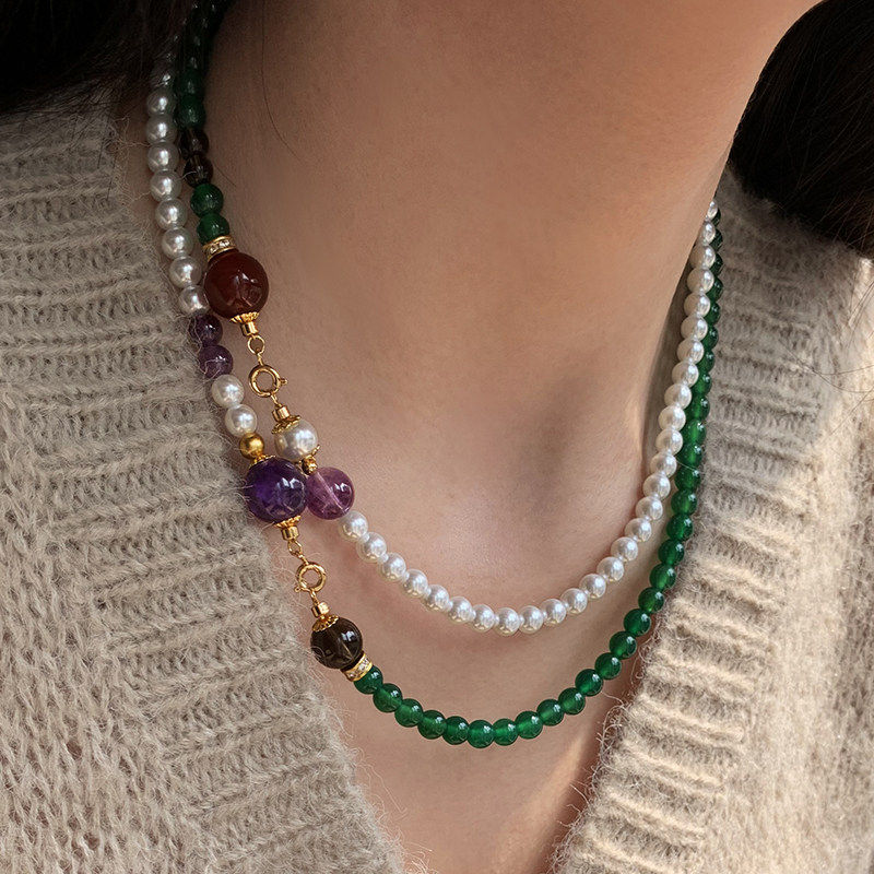 澳白双层叠戴珍珠毛衣项链女款2026新款绿玉髓玛瑙玉石长款锁骨链