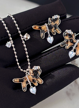 复古豹纹钻石小猫项链女