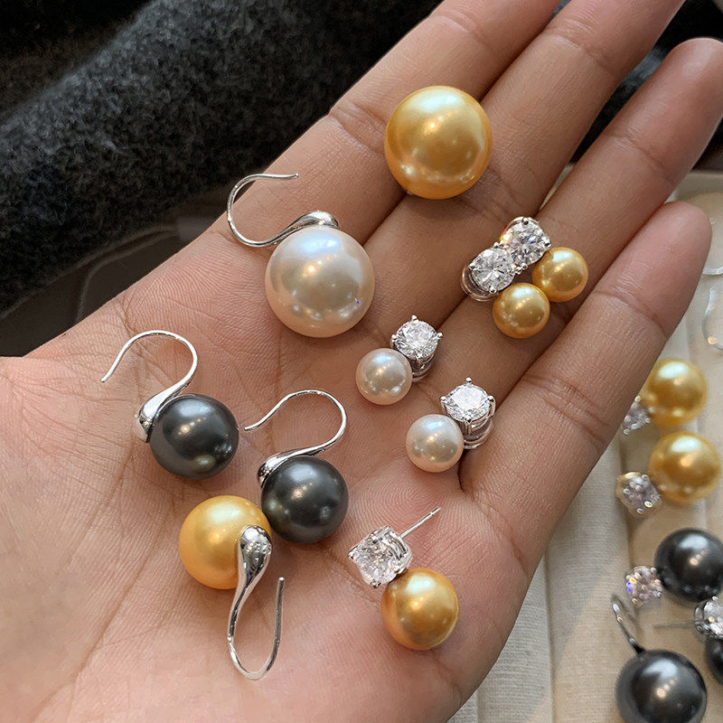 999纯银灰色施家澳白戴妃珍珠耳钉大溪地黑耳环女新款高级感耳饰