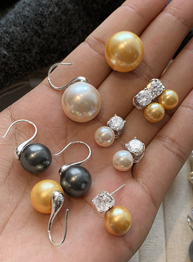 999纯银灰色施家澳白戴妃珍珠耳钉大溪地黑耳环女新款高级感耳饰