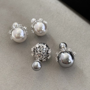 施家澳白双面珍珠耳钉女轻奢小众高级感2026新款耳环秋冬纯银耳饰