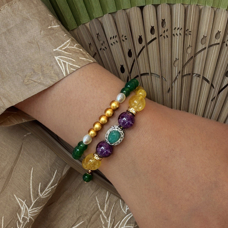 天然黄发晶水晶手链女款绿玉髓玛瑙轻奢高级感珍珠沙金手串手饰品