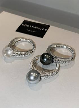 银色真多麻灰色澳白珍珠戒指女高级感小众设计开口食指戒时尚指环