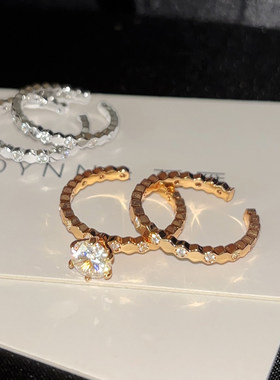 蜂巢不掉色爆闪排钻戒指女小众高级感开口食指戒素圈锆石叠戴指环