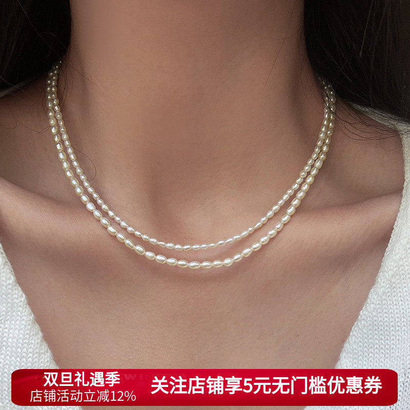 极细2mm小米珠米粒天然淡水巴洛克真珍珠项链女款轻奢秋冬毛衣链