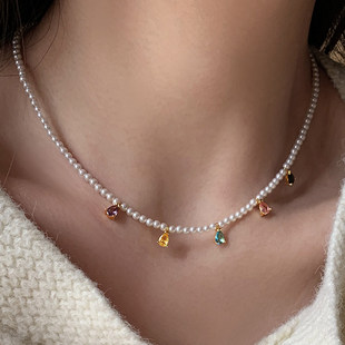 彩色多巴胺满天星锆石珍珠项链女高级感轻奢小众叠戴新款锁骨颈链