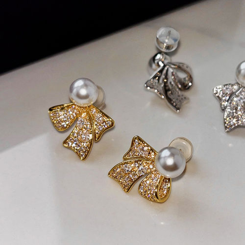 法式蝴蝶结珍珠耳钉女