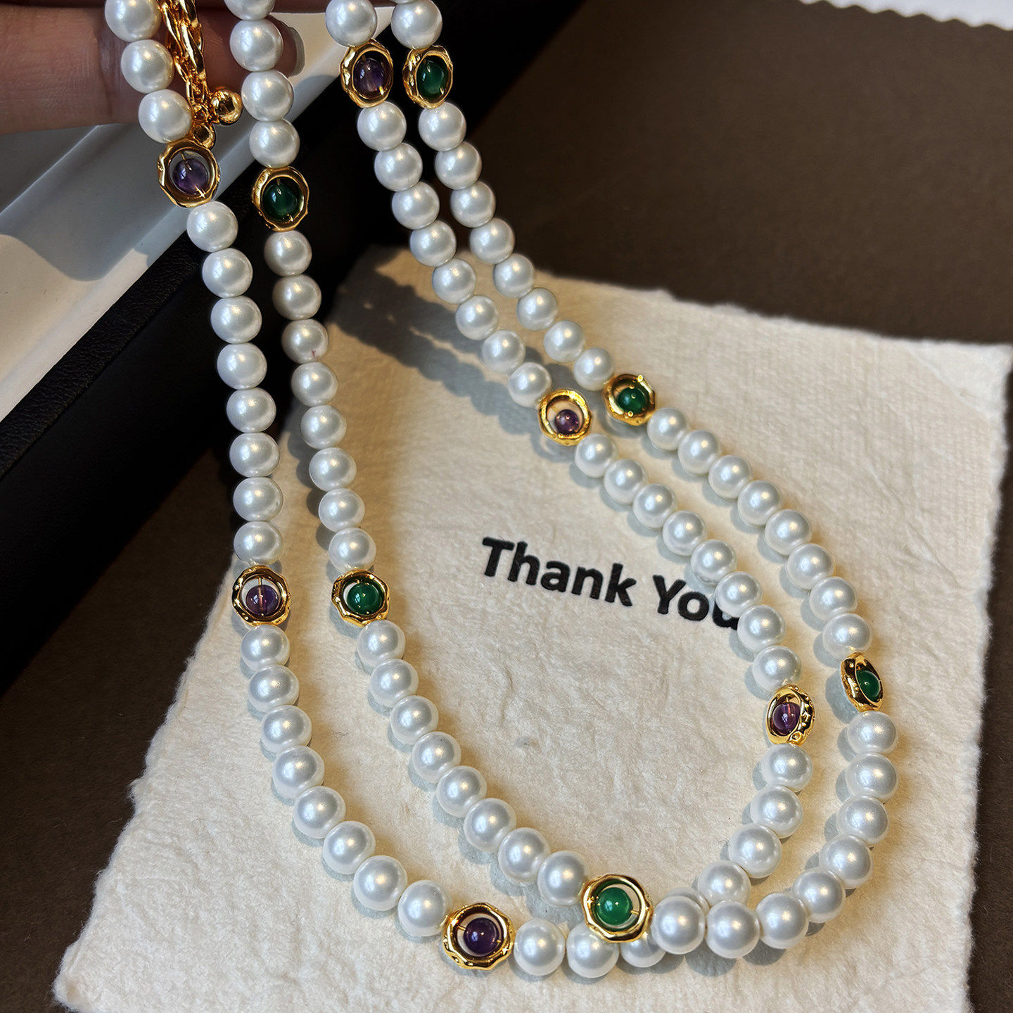 天然紫水晶绿玉髓人造海水珍珠项链女配饰轻奢小众叠戴锁骨毛衣链