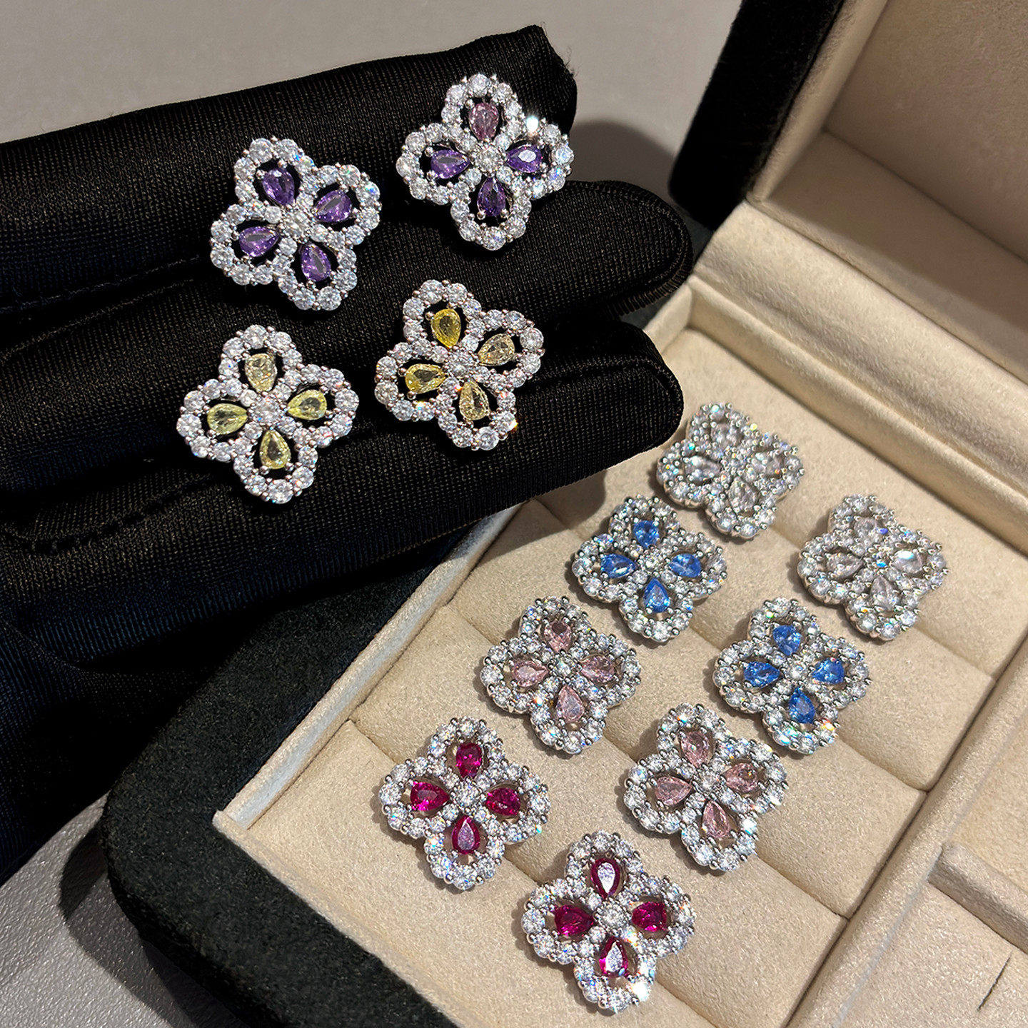 925纯银爆闪独特巨好看银色钻石四叶草耳钉女高级感轻奢耳环耳饰