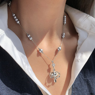 长款土星球吊坠灰色满天星珍珠项链女款夸张叠戴高级感轻奢毛衣链