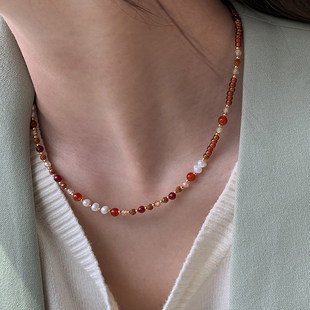 天然彩石小米珠淡水珍珠彩色多巴胺串珠项链女琉璃红玛瑙锁骨颈链