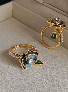 新中式山茶花珍珠戒指女珐琅滴釉复古轻奢高级感开口可调节食指环