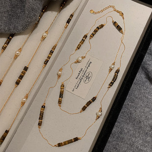 美拉德虎眼石巴洛克珍珠项链女长款大气高档高级感秋冬金色毛衣链