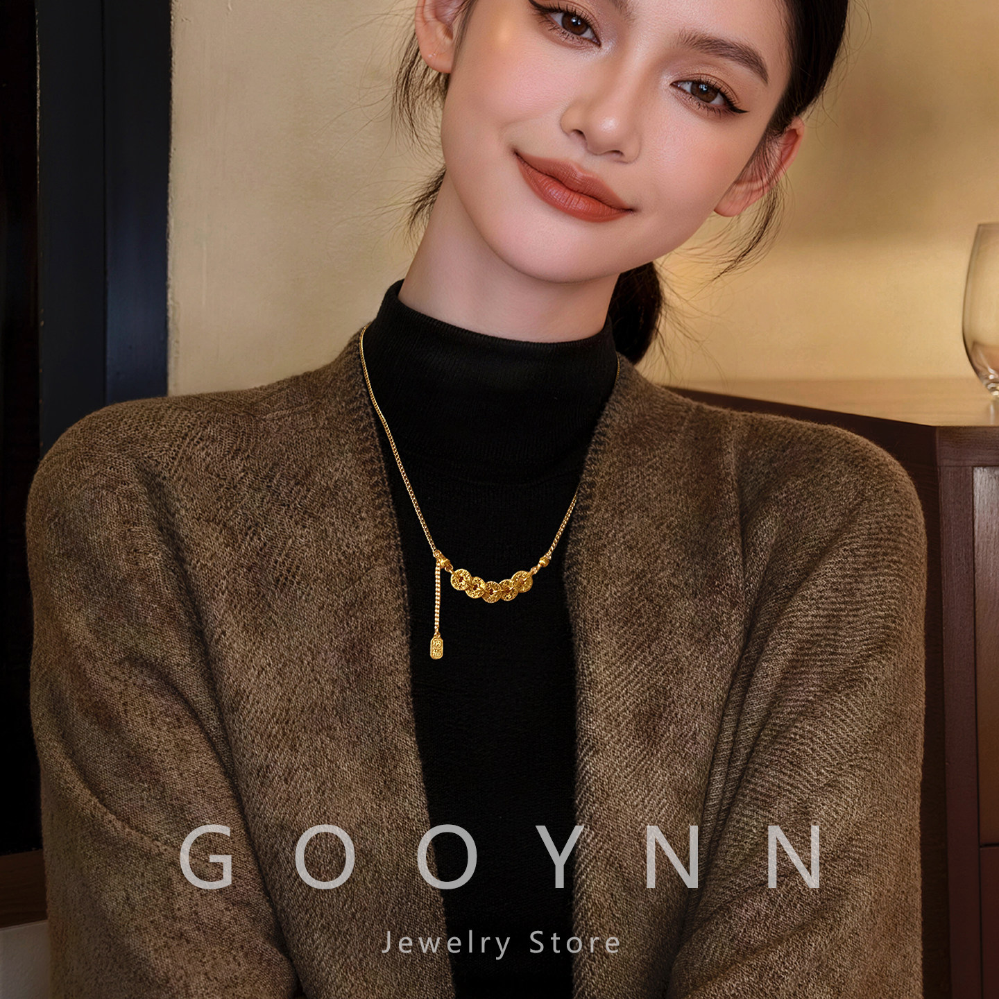 新中式碎冰冰招财五帝钱项链女高级感轻奢小众长款锁骨毛衣链配饰,饰品/流行首饰/时尚饰品新,项链,淘宝优惠券,粉丝福利购,淘宝优惠卷